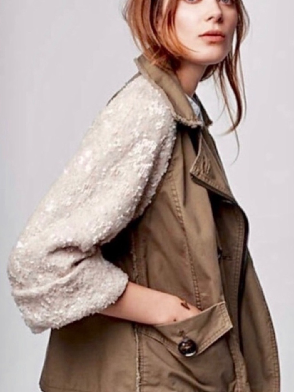 Anthropologie Hei Hei Olive Green Pea Coat with Cream Sequin Sleeves